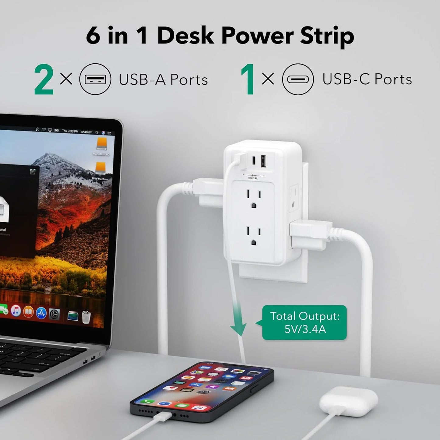 6-Outlet Wall Power Strip with 3 USB Ports (including 1 USB-C), Multi-Plug Extender for Home, Office, and Travel, 5V/3.4A Output