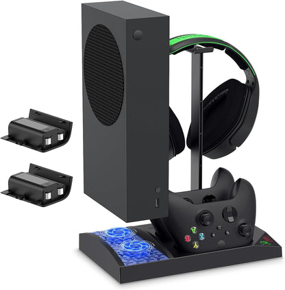 Upgraded Vertical Cooling Fan Stand for Xbox Series S, Cooler Fan System Dual Controller Charging Dock Station with 2 X 1400Mah Rechargeable Battery Pack, Headphone Bracket for Xbox Series S (Black)