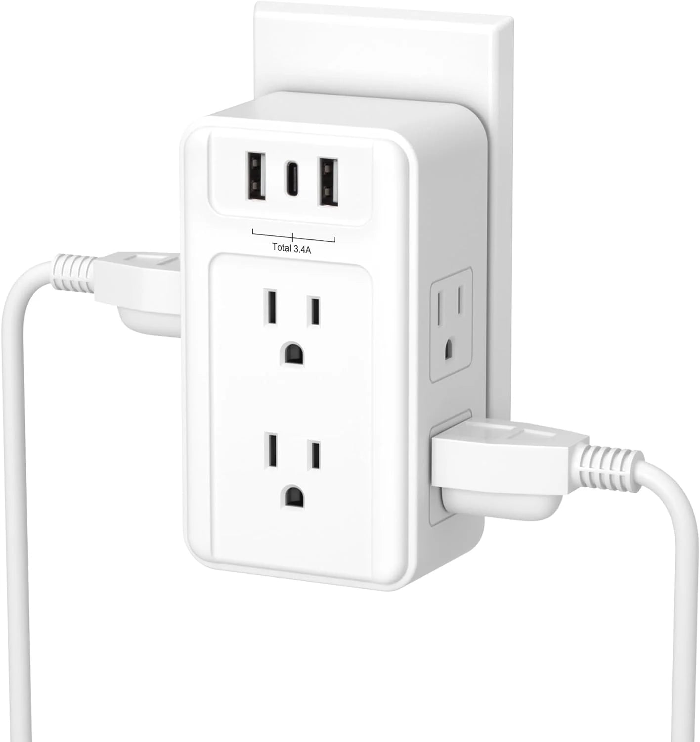 6-Outlet Wall Power Strip with 3 USB Ports (including 1 USB-C), Multi-Plug Extender for Home, Office, and Travel, 5V/3.4A Output