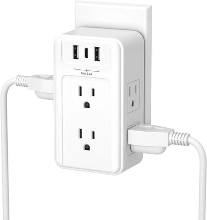 6-Outlet Wall Power Strip with 3 USB Ports (including 1 USB-C), Multi-Plug Extender for Home, Office, and Travel, 5V/3.4A Output