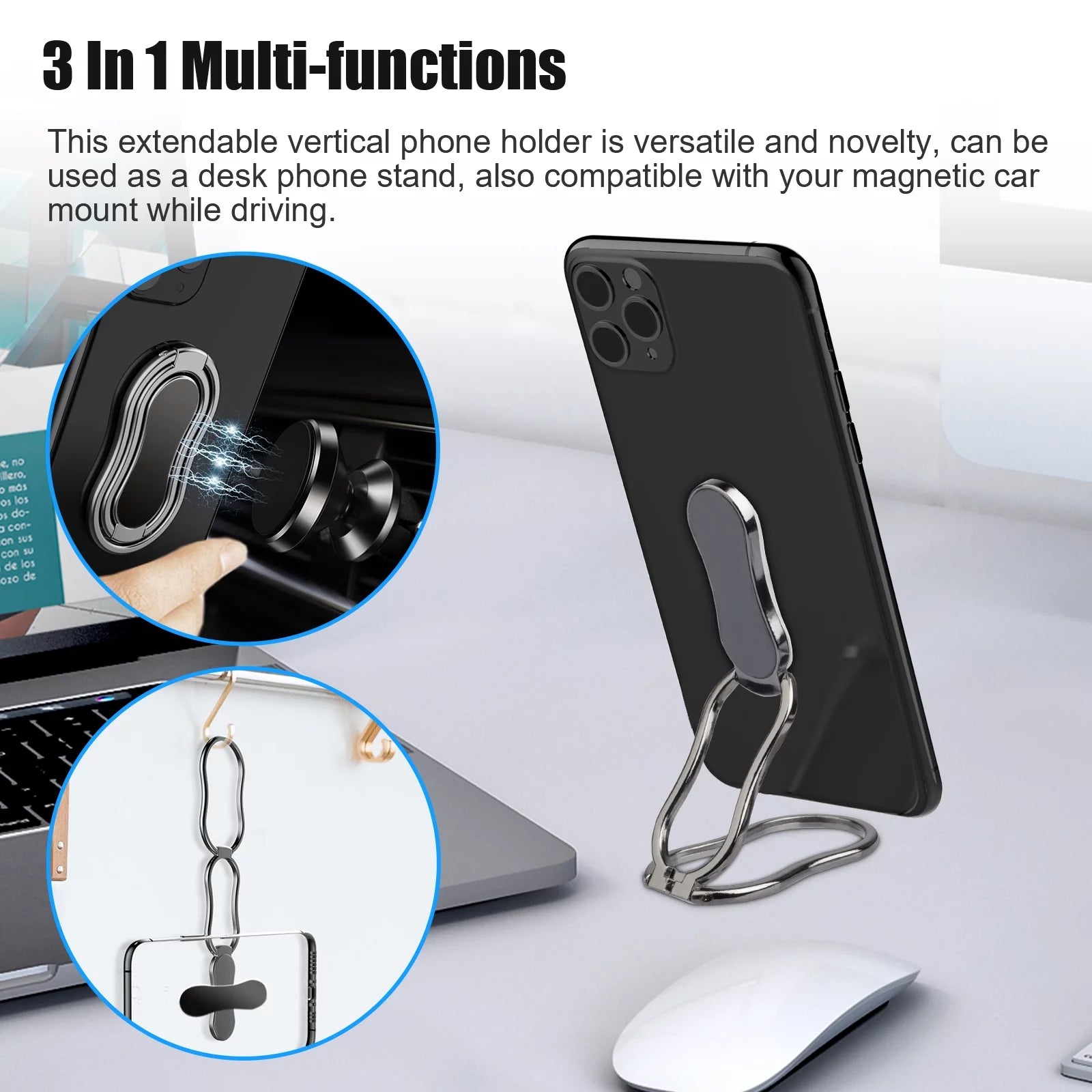 Phone Ring Holder Finger Kickstand,  Universal Aluminum Desktop Desk Cell Phone Stand Holder, Foldable Adjustable Metal Phone Back Grip, Magnetic Car Mount