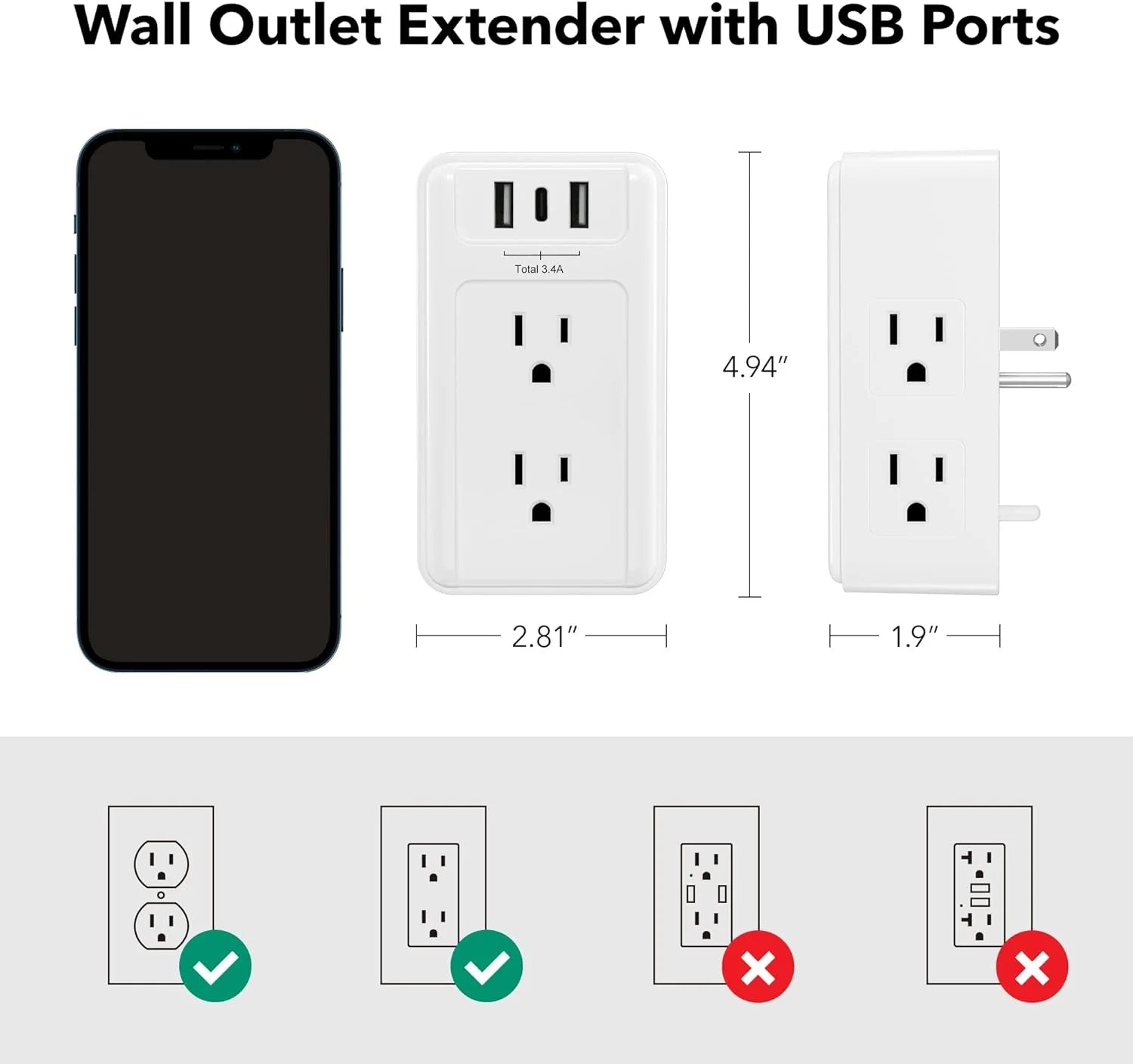 6-Outlet Wall Power Strip with 3 USB Ports (including 1 USB-C), Multi-Plug Extender for Home, Office, and Travel, 5V/3.4A Output