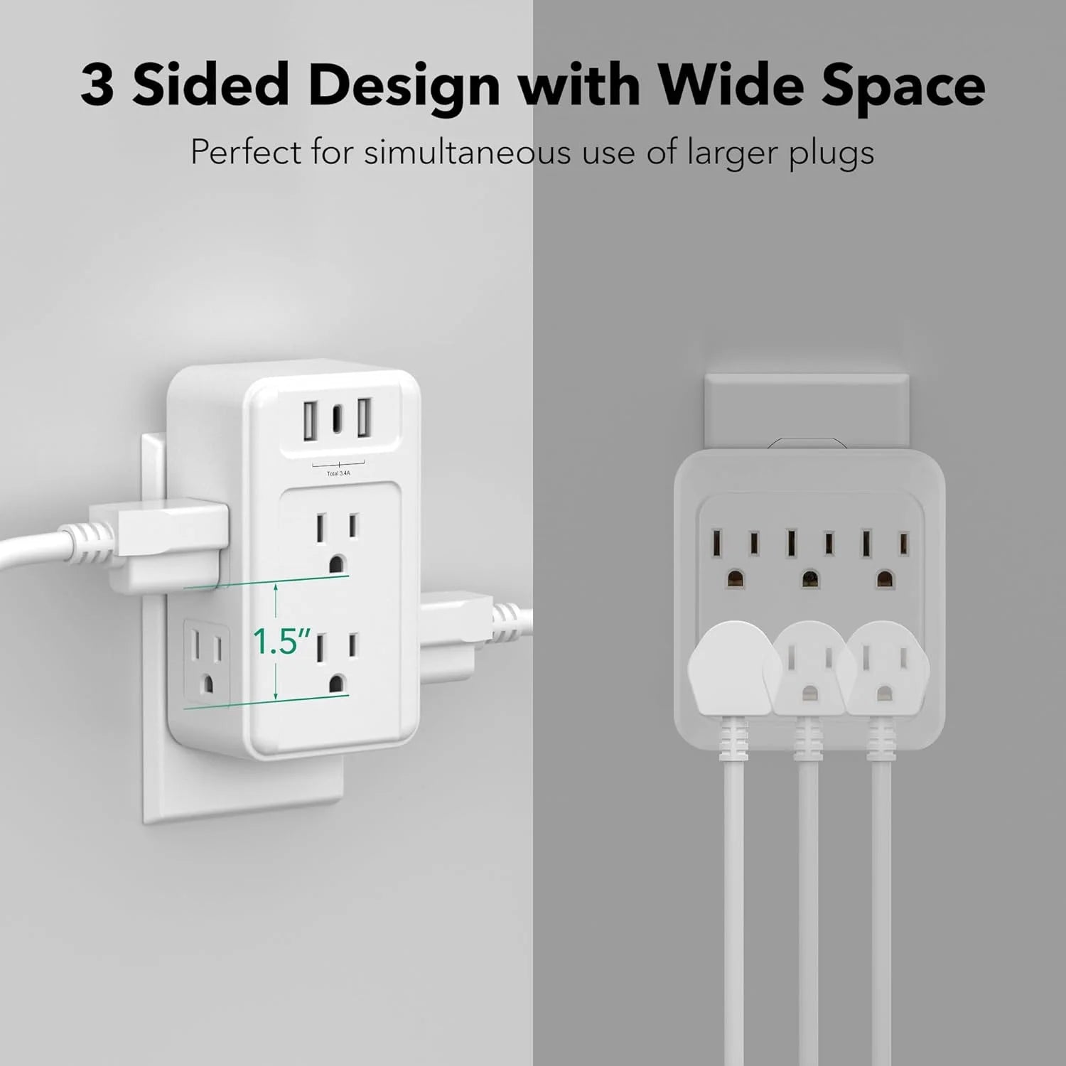 6-Outlet Wall Power Strip with 3 USB Ports (including 1 USB-C), Multi-Plug Extender for Home, Office, and Travel, 5V/3.4A Output